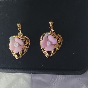 Vintage Gold Tone Heart Earrings with Pink Porcelain Floral Design